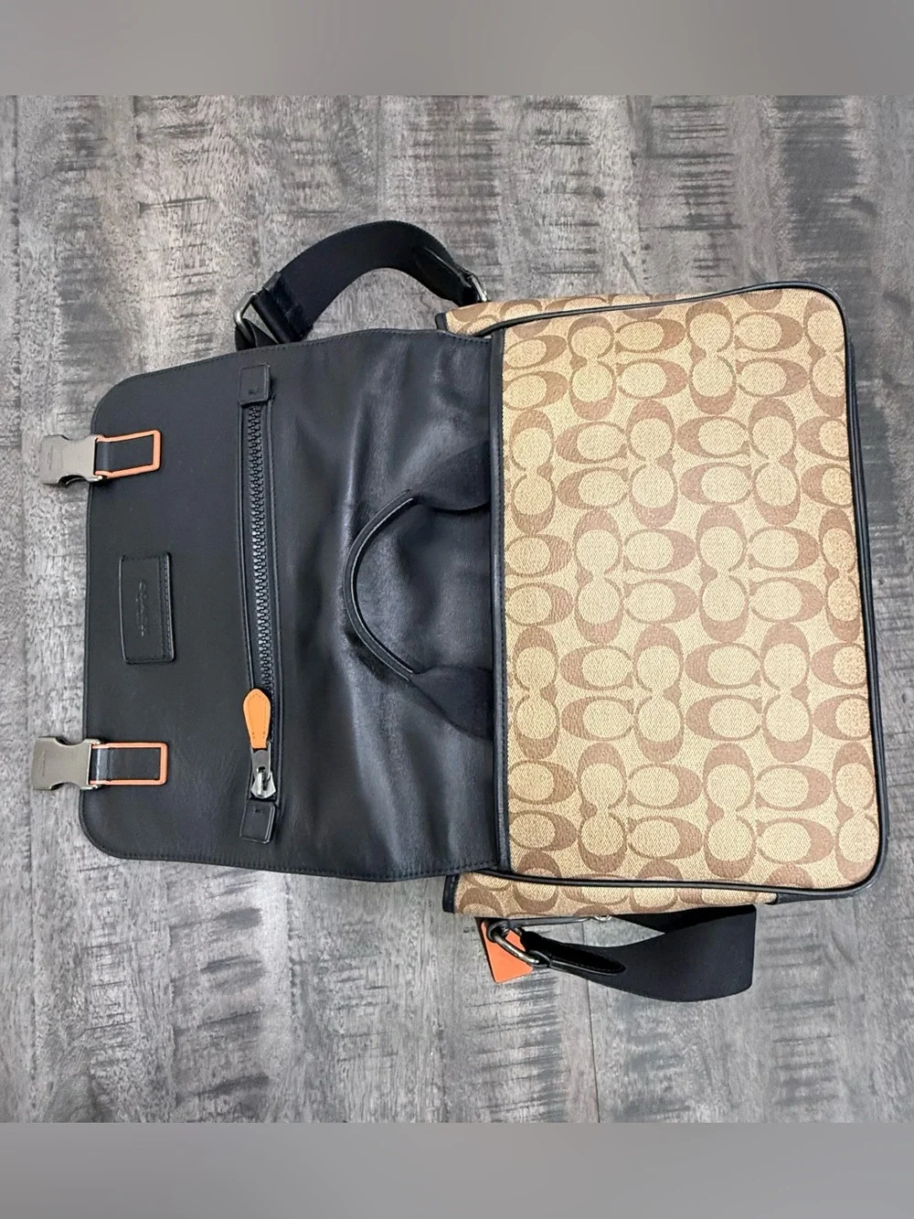Coach Black Leather & Brown Signature Canvas Messenger Bag with Orange Accents